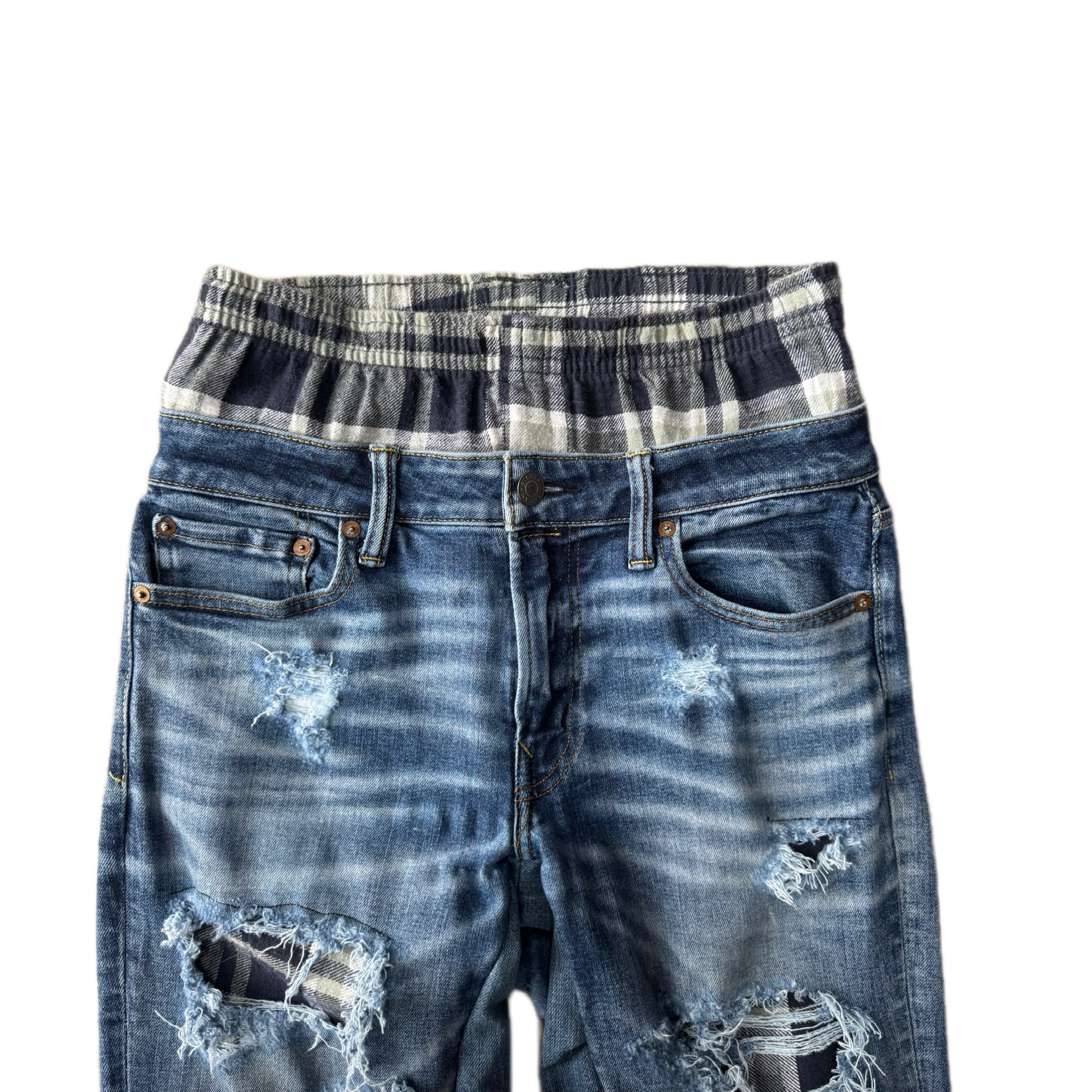 Double Waisted Baggy Plaid Distressed Jeans (30x29)