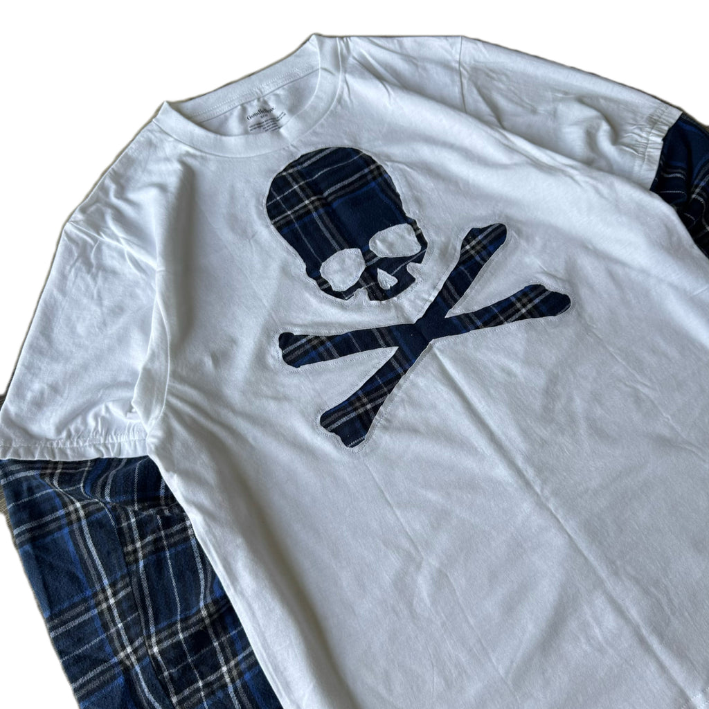 White Blue Flannel Layered T-Shirt (M)
