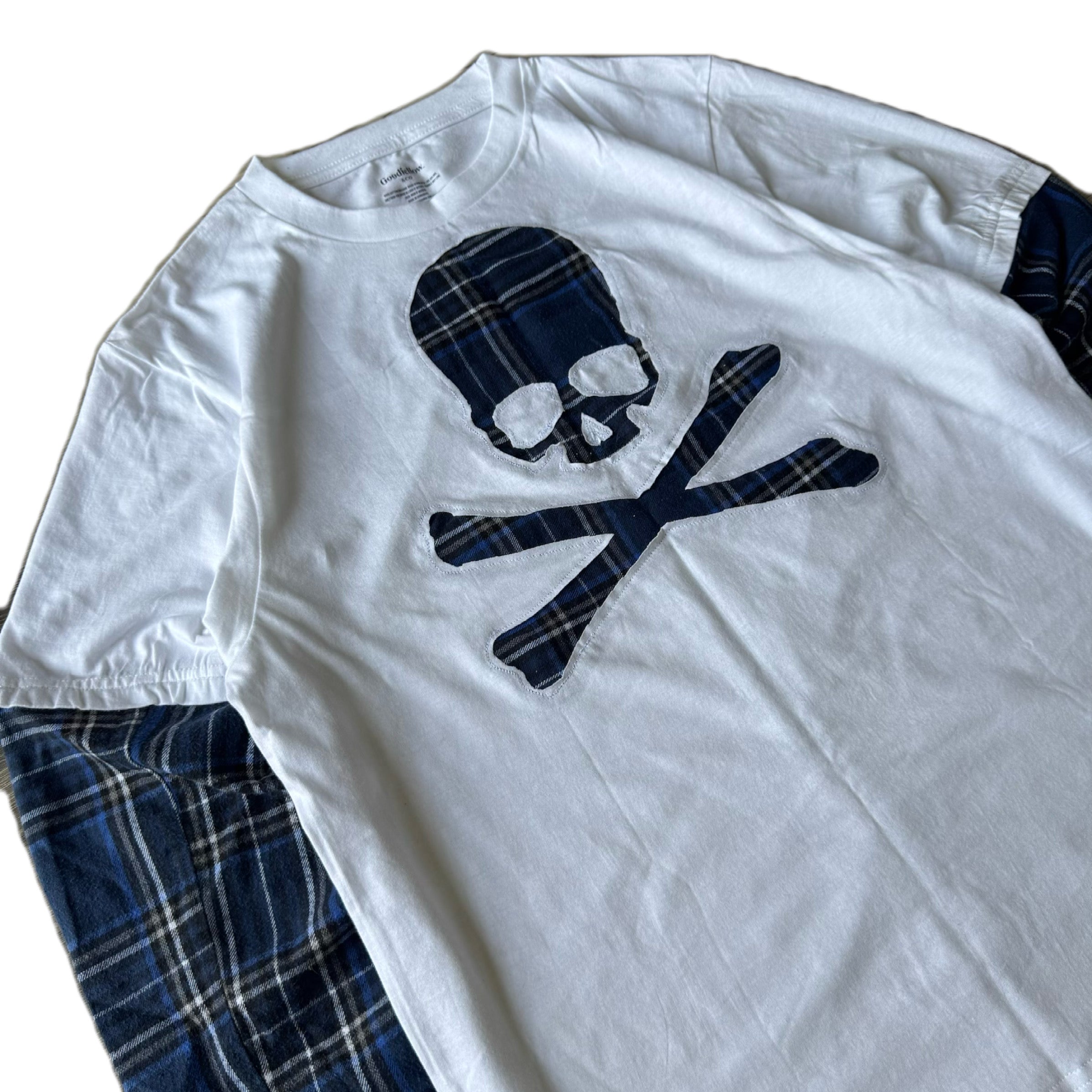 White Blue Flannel Layered T-Shirt (M)