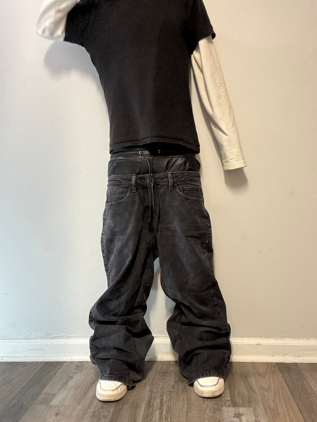 Double Waisted Baggy Leather Jeans (30)