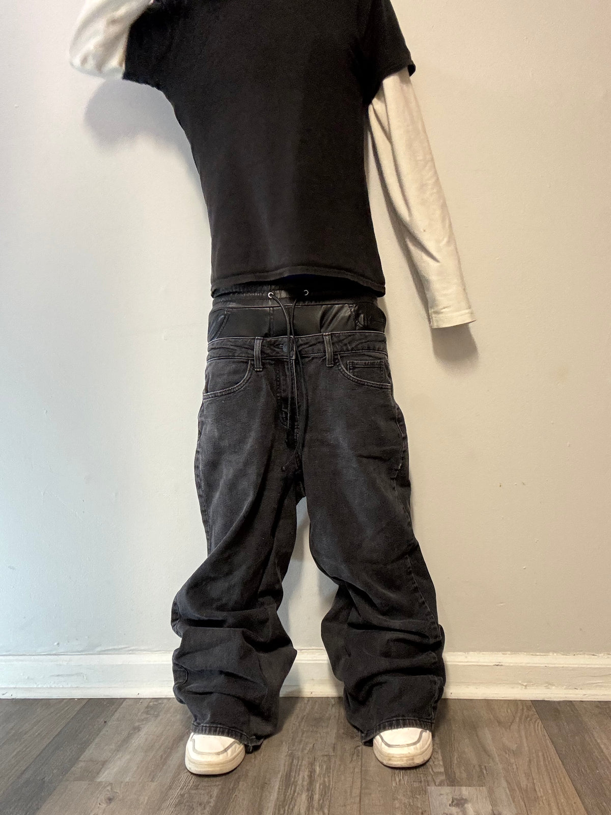 Double Waisted Baggy Leather Jeans (30)