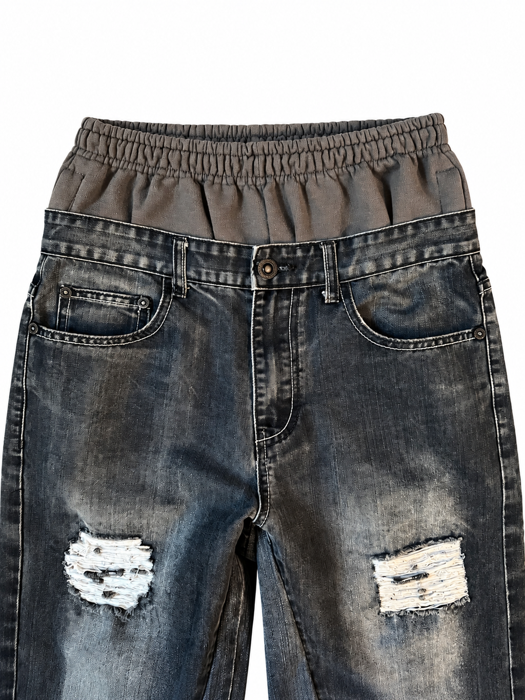 Grey Double Waisted Distressed Baggy Jeans (31)