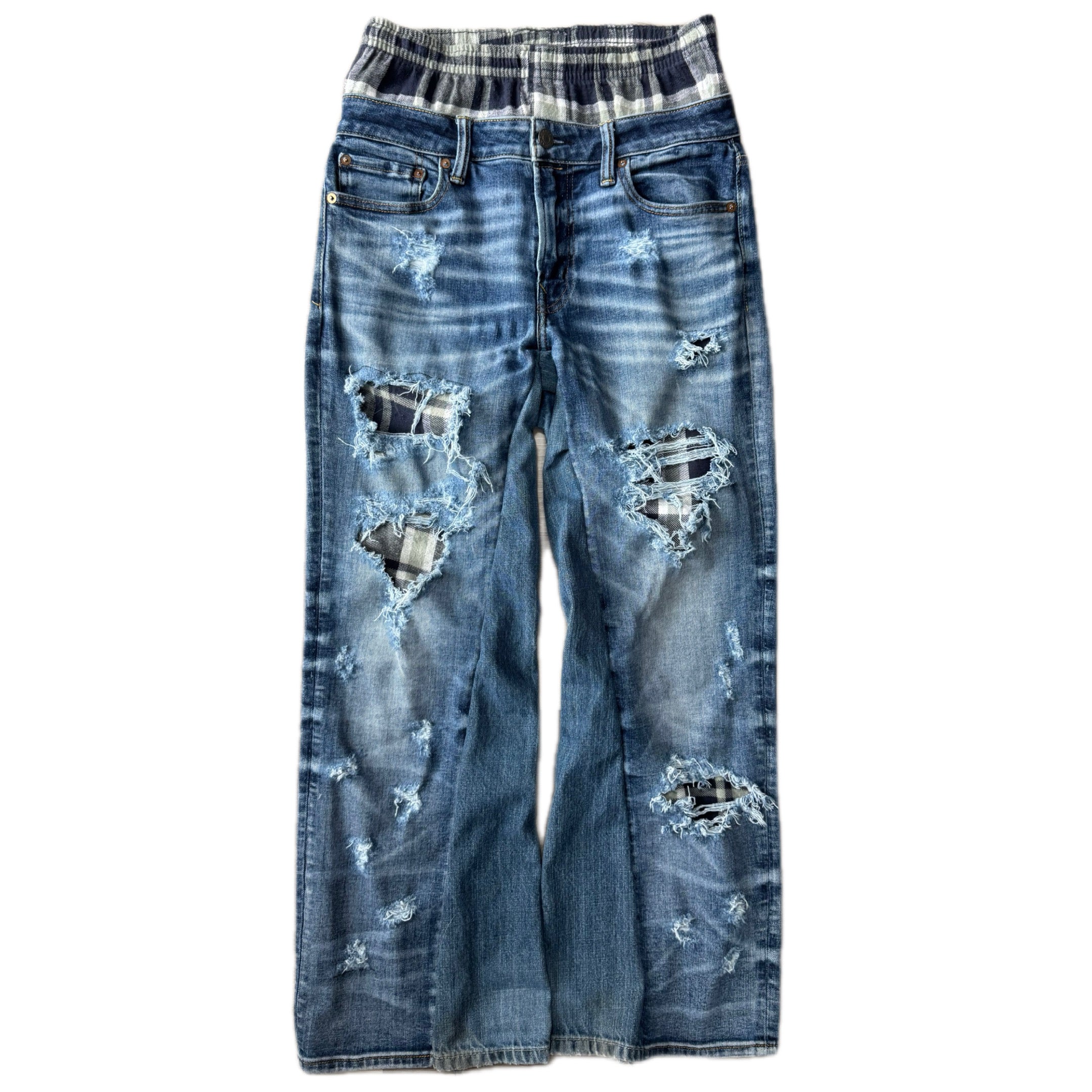 Double Waisted Baggy Plaid Distressed Jeans (30x29)