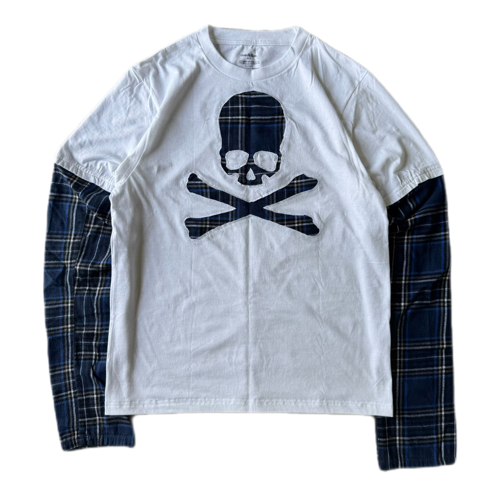 White Blue Flannel Layered T-Shirt (M)