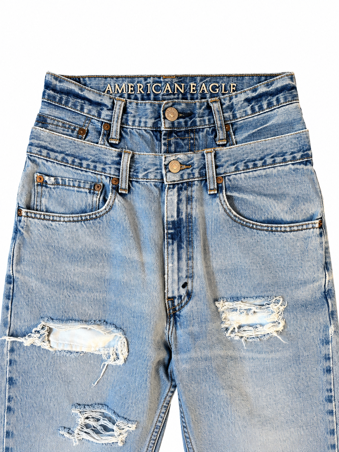 Double Waisted Light Wash Distressed Baggy Jeans (28)