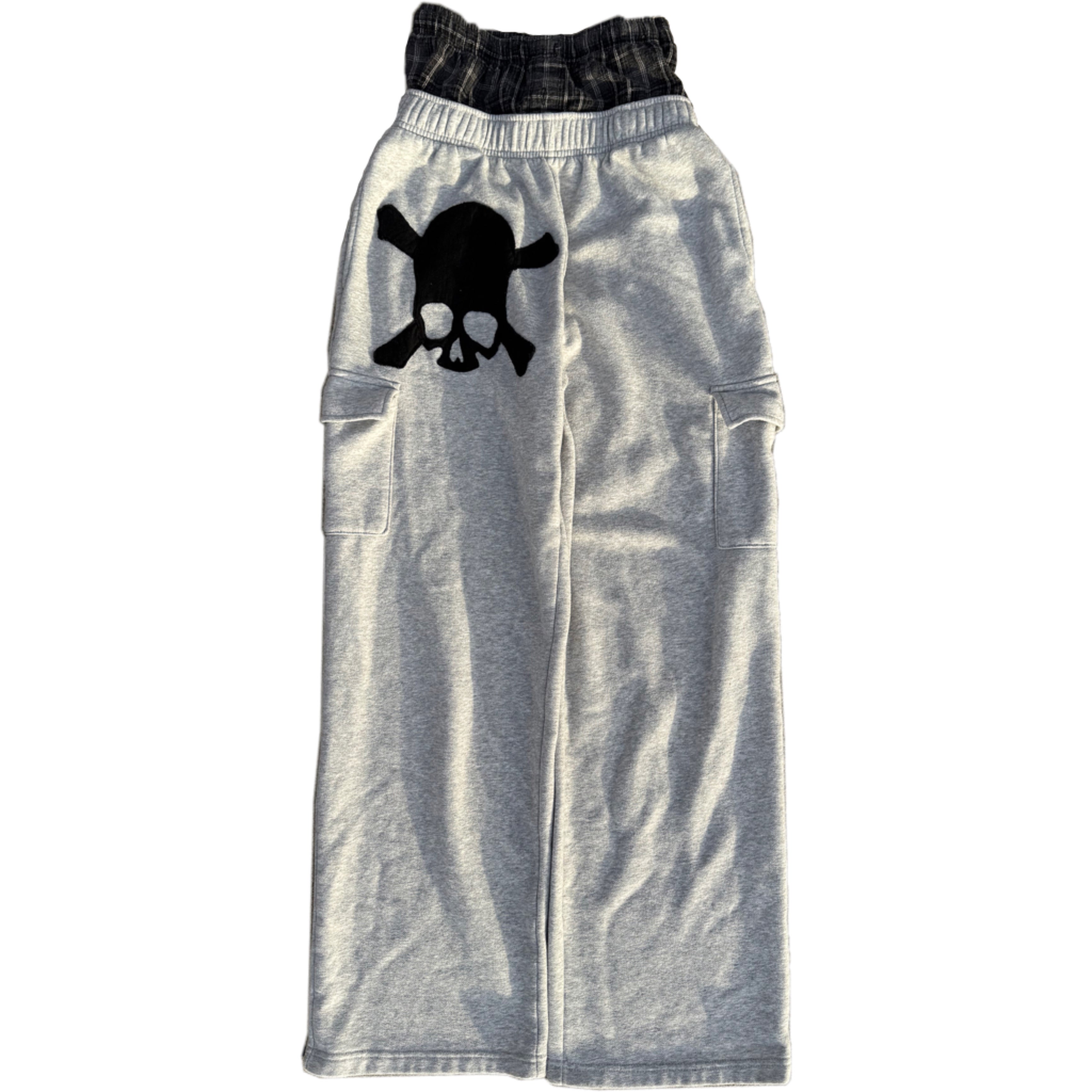 Grey Plaid Double Waisted Skull Sweatpants (XS)