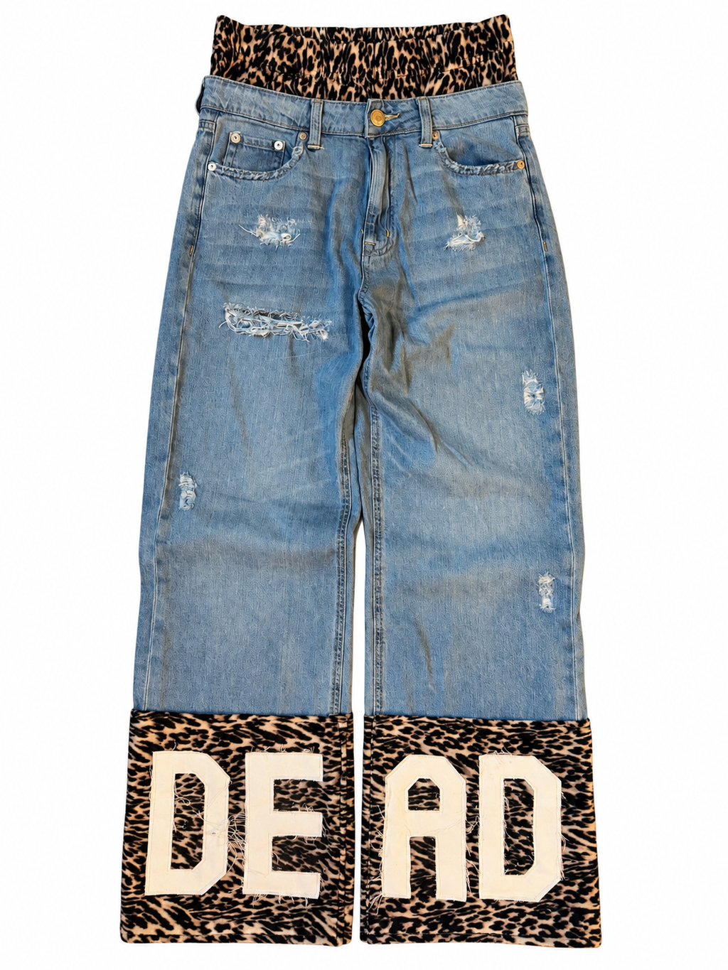 Double Waisted Baggy Cheetah “DEAD” Jeans (31)