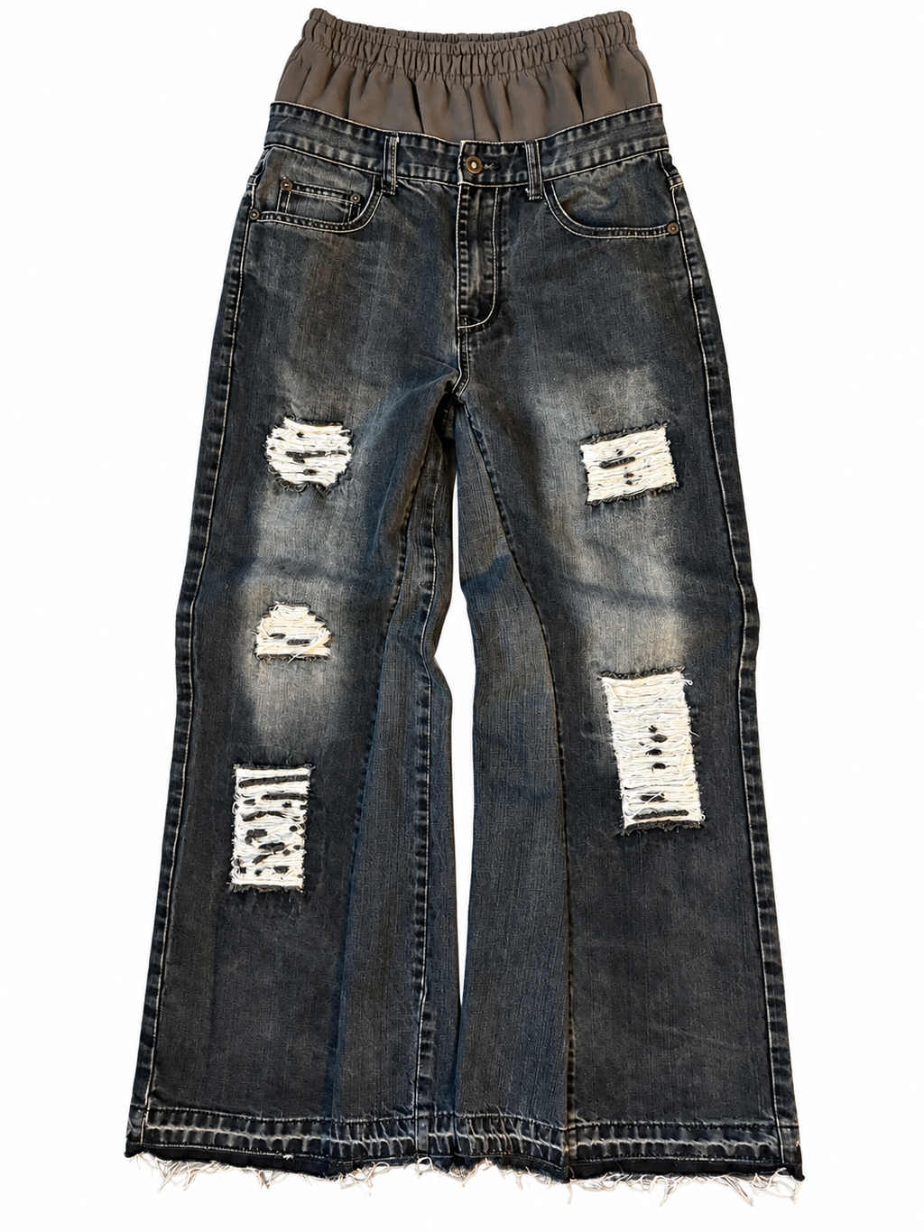 Grey Double Waisted Distressed Baggy Jeans (31)