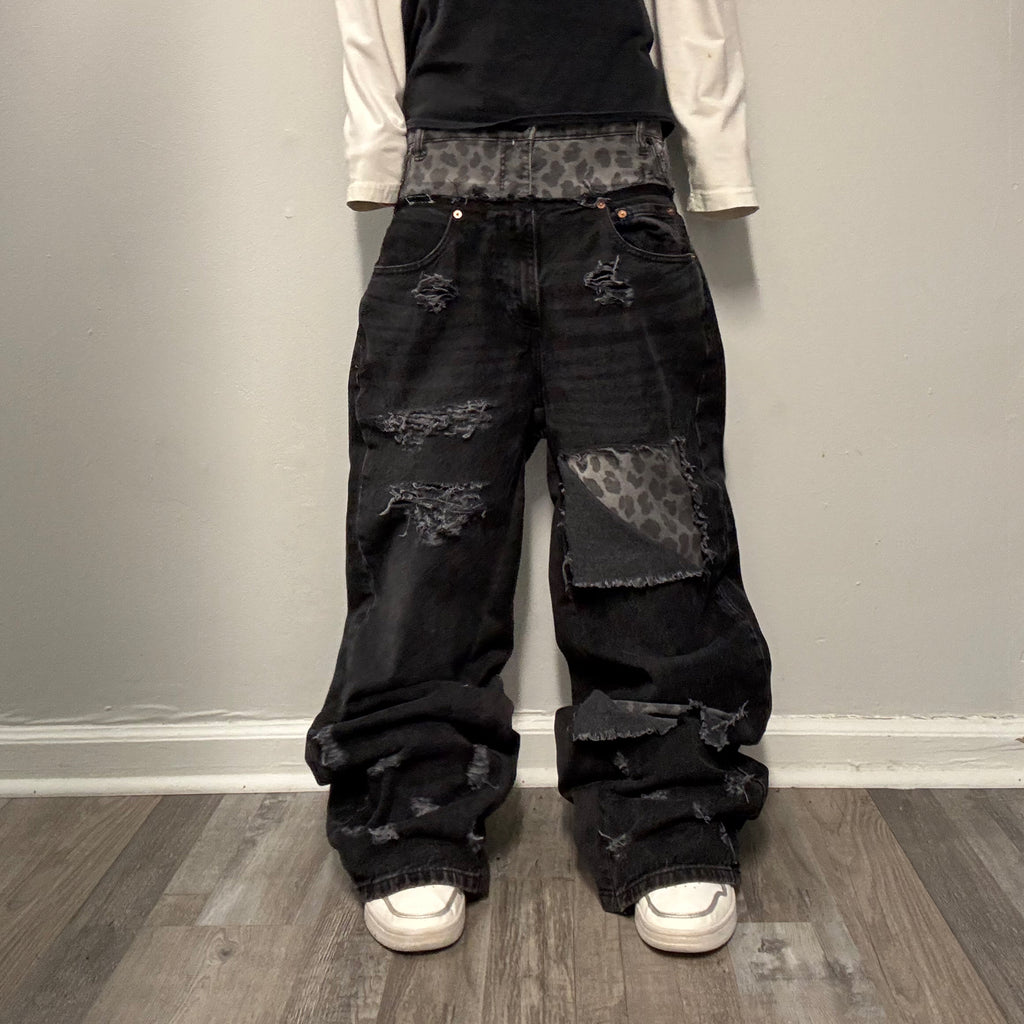 Black Double Waisted Baggy Cheetah Jeans (30x30)