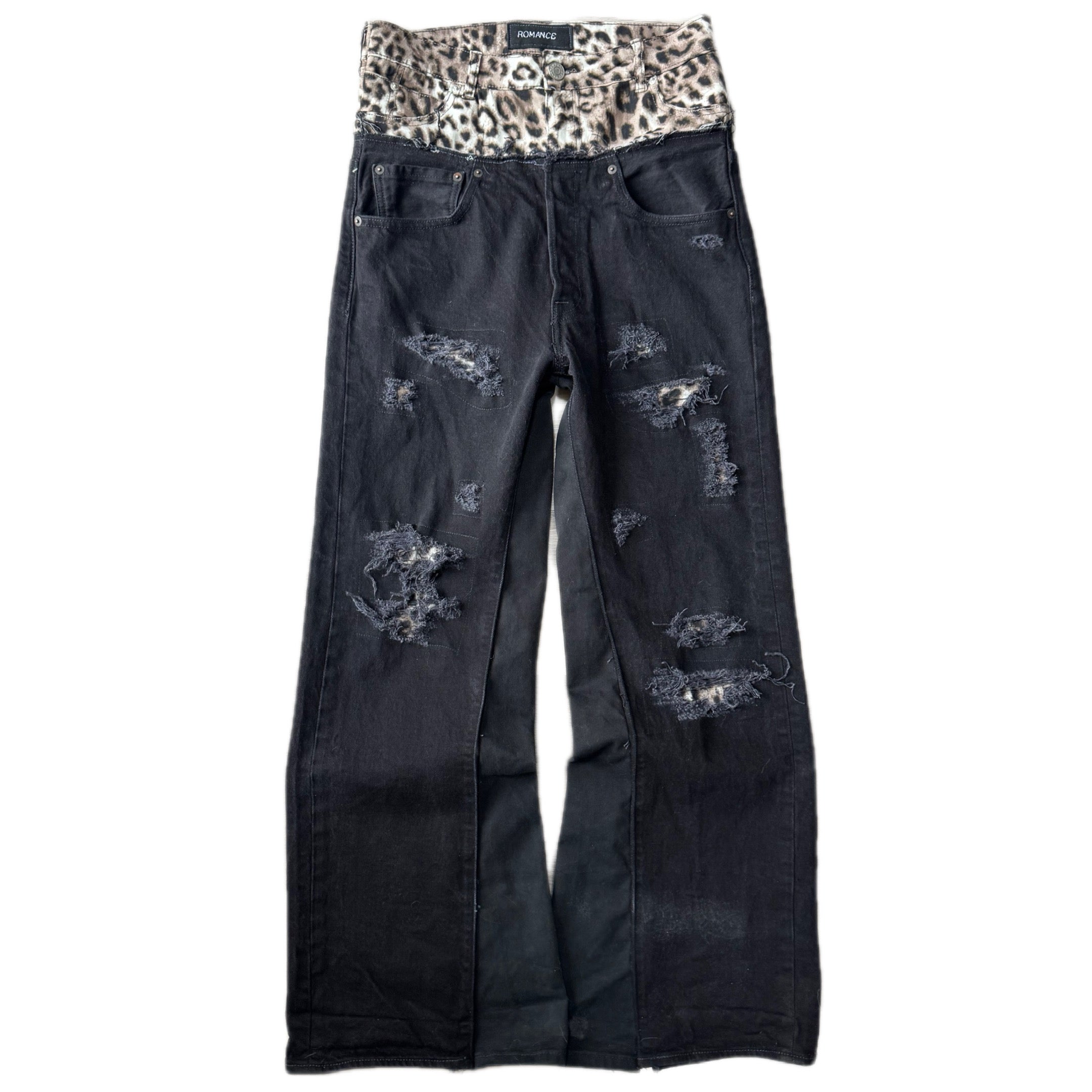 Double Waisted Baggy Distressed Cheetah Jeans (30x32)