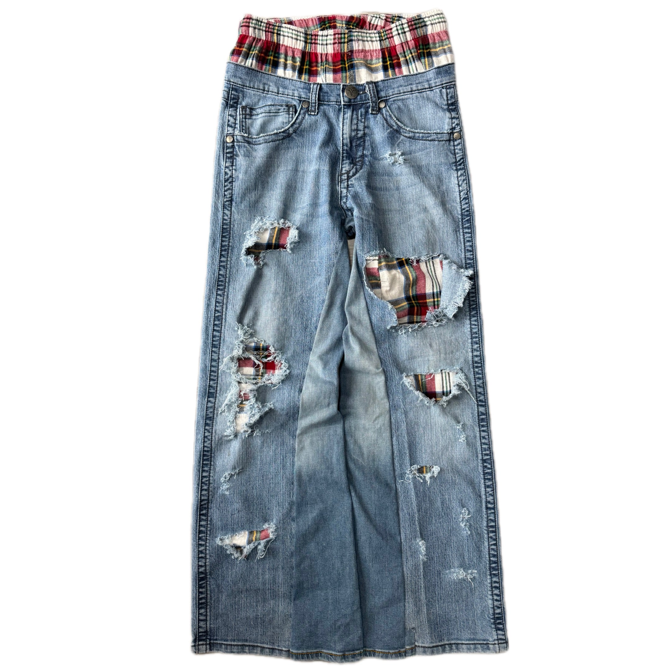 Double Waisted Red Plaid Baggy Distressed Jeans (30x30)