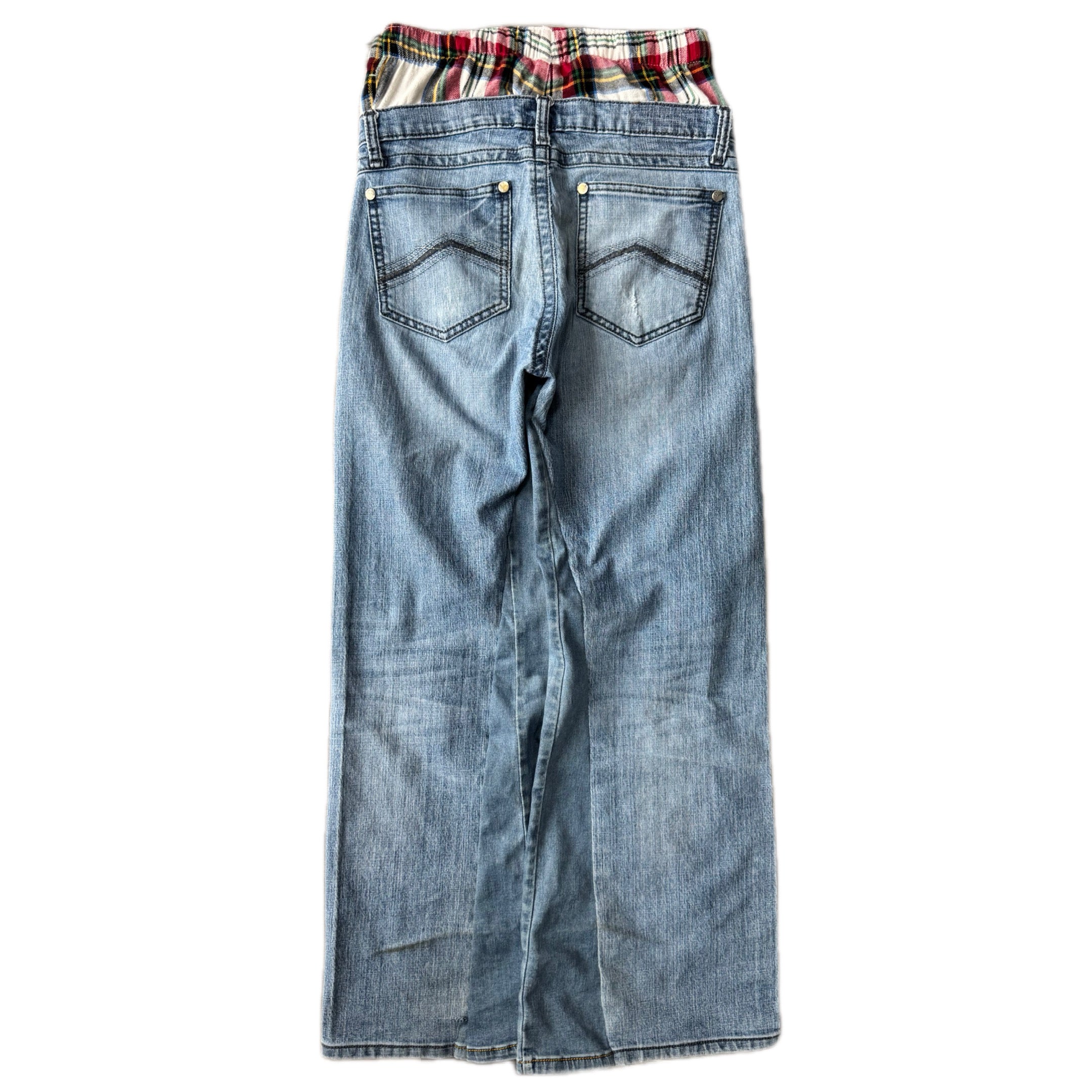 Double Waisted Red Plaid Baggy Distressed Jeans (30x30)