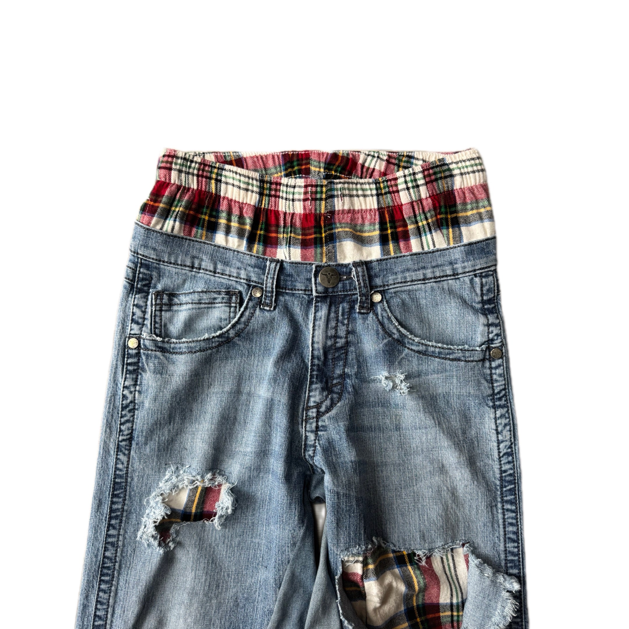 Double Waisted Red Plaid Baggy Distressed Jeans (30x30)