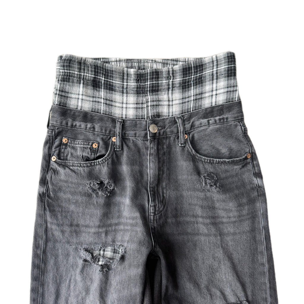 Double Waisted Black Plaid Baggy Distressed Jeans (32x29)