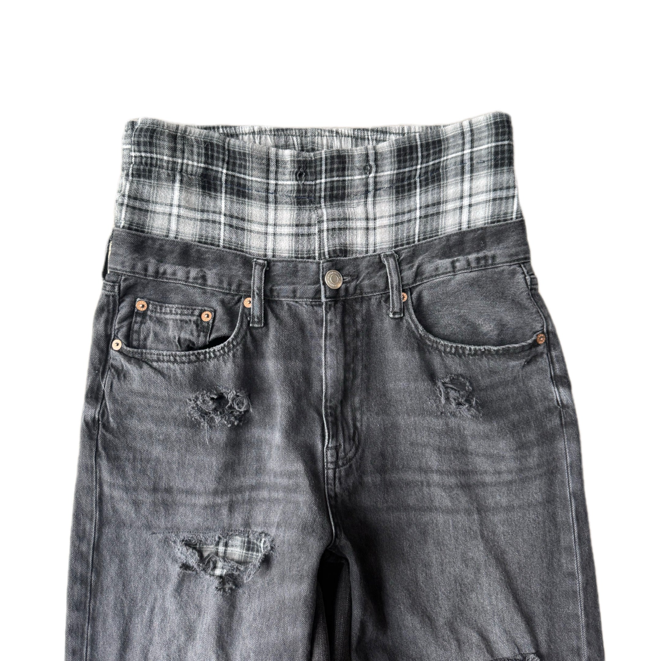 Double Waisted Black Plaid Baggy Distressed Jeans (32x29)