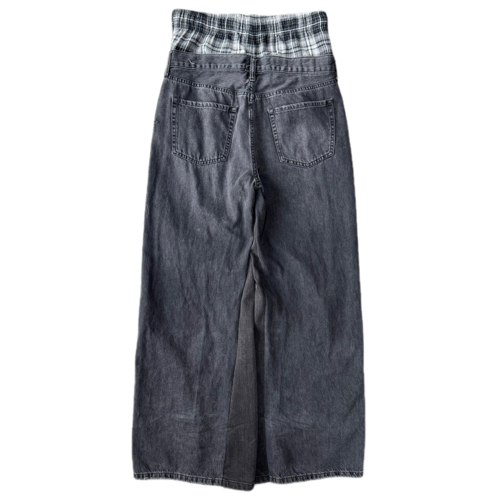Double Waisted Black Plaid Baggy Distressed Jeans (32x29)