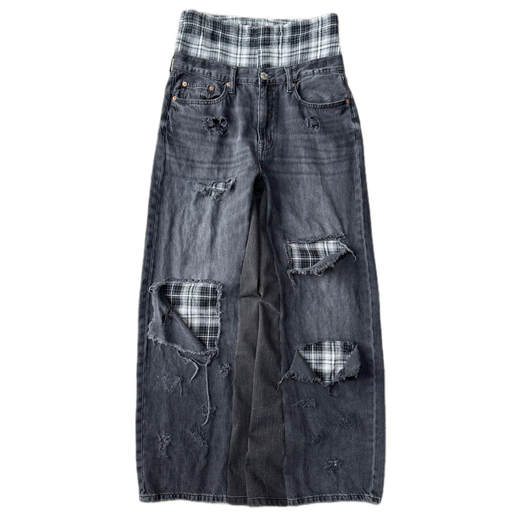 Double Waisted Black Plaid Baggy Distressed Jeans (32x29)