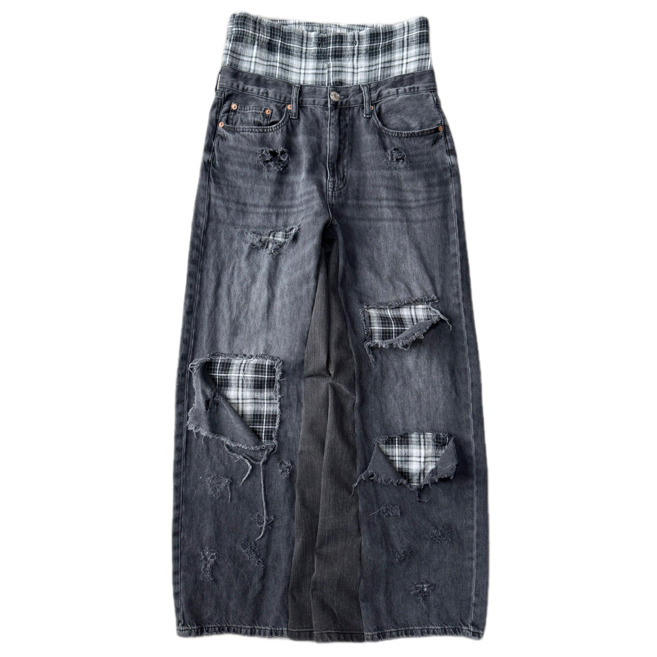 Double Waisted Black Plaid Baggy Distressed Jeans (32x29)