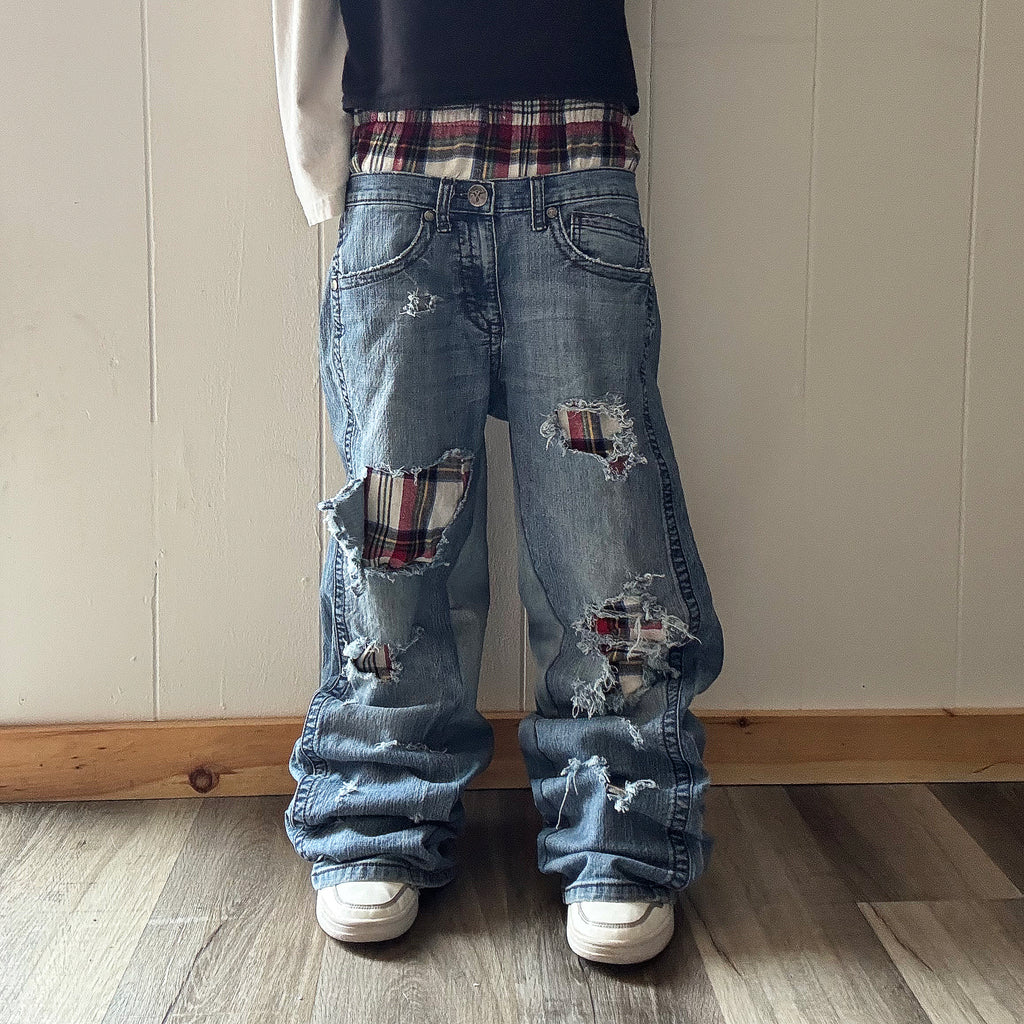 Double Waisted Red Plaid Baggy Distressed Jeans (30x30)