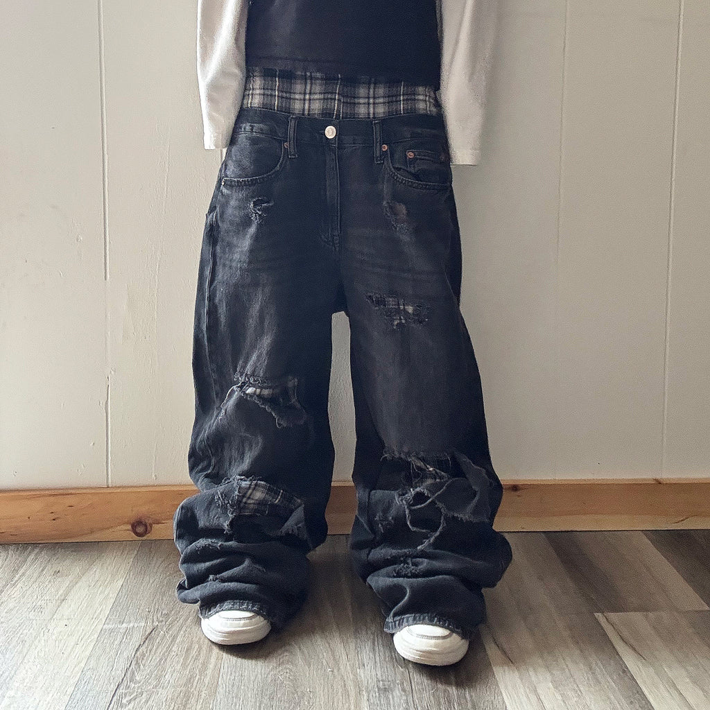 Double Waisted Black Plaid Baggy Distressed Jeans (32x29)