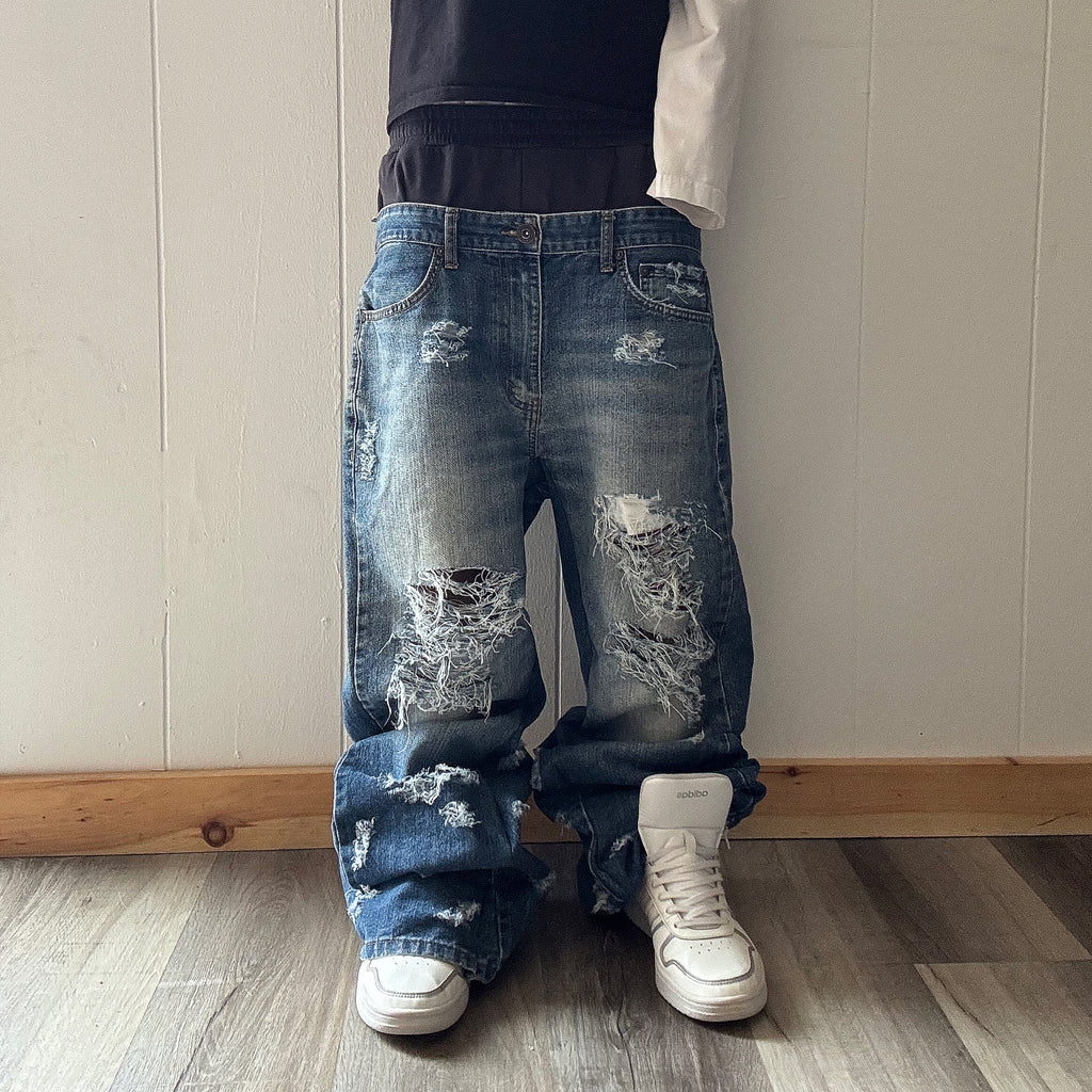 Double Waisted Baggy Distressed Jeans (33x30)