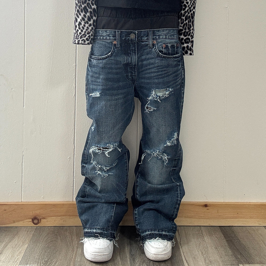 Double Waisted Distressed Flared Jeans (30x28)